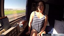 Sex on the train with a brunette who lives his life full